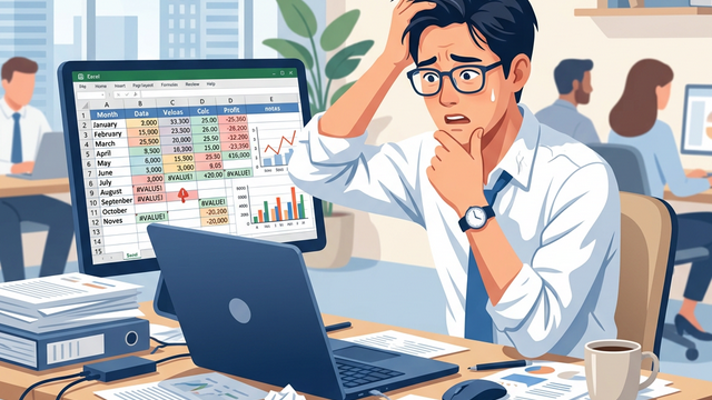 エクセル作業に悩む会社員の画像