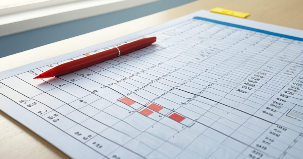 赤いペンが置かれた、数字が並ぶ印刷された集計表