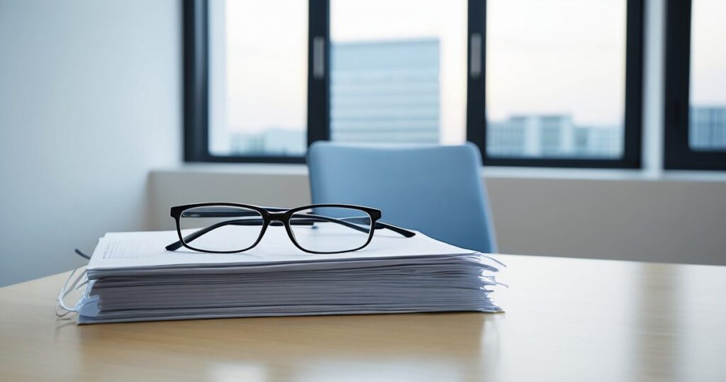 積み上げた書類の束の上に置かれた黒縁のメガネ
