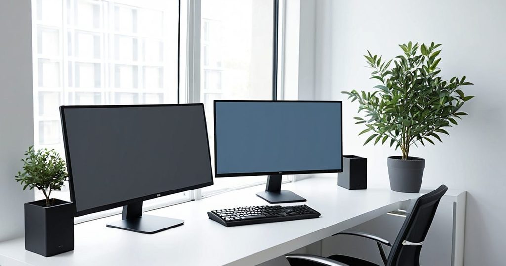 明るいオフィスの机に並んだ、電源の入っていない2台のモニターとキーボード